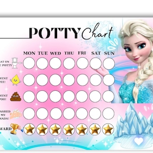 May include: A pink and blue potty training chart featuring a cartoon image of Elsa from Frozen. The chart has a space for each day of the week and includes stickers for potty training milestones. The chart also includes a reward section with gold stars.