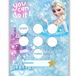 Puede incluir: Un gráfico de recompensas azul y blanco con Elsa de Frozen. El gráfico incluye el texto "You can do it!" y "You did it!" junto con espacios para rastrear el progreso, un castillo y una estrella.