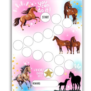 Rosa Pferde-Belohnungstabelle für Mädchen - Pony-Themen Haushaltstabelle - Druckbare Routine-Tracker für Kinder - Verhalten, Hausaufgaben, Zähneputzen