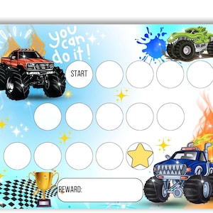 Tableau des récompenses Monster Truck - Tableau de comportement imprimable pour les enfants - Tableau des tâches ménagères pour les garçons - Tableau d'autocollants apprentissage de la propreté - Téléchargement numérique