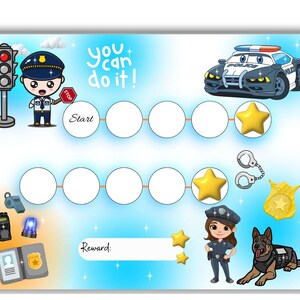 Tableau des récompenses sur le thème de la police - Tableau des responsabilités pour les enfants - Tableau de lecture - Apprentissage de la propreté - Tableau du sommeil - Stimulation de la motivation - Tableau des autocollants