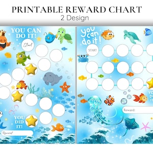 Może przedstawiać: Dwie drukowane tablice nagród z motywem oceanicznym. Tablice mają niebieskie tło z morskimi stworzeniami, bąbelkami i gwiazdami. Lewa tablica zawiera tekst "You Can Do It!" a prawa tablica zawiera tekst "You Can Do It!" Obie tablice mają kółko "Start" i kółko "You Did It!" Tablice są zaprojektowane tak, aby dzieci mogły śledzić swoje postępy i zdobywać nagrody.
