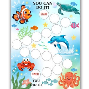 Może przedstawiać: Kolorowa plansza do gry z motywem morskim. Plansza ma linię startu i mety i jest ozdobiona obrazkami ryb, żółwia, delfina, kraba i ośmiornicy. Plansza jest przeznaczona do gry dla dzieci.