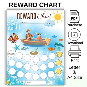 Quadro de recompensas do oceano - Quadro de recompensas de peixes - Quadro de comportamento subaquático - Quadro de treinamento para usar o penico - Quadro de adesivos marinhos - Tamanho carta e A4