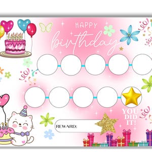 Cuadro de recompensas y cuenta regresiva de cumpleaños - Cuenta regresiva de 10 días - Cuadro de recompensas para niños - Cuadro de tareas - Impulso de motivación - Carta - Tamaño A4