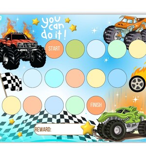 Tableau des récompenses Monster Truck – Tableau des tâches ménagères imprimable pour garçons | Suivi de la routine des tout-petits, tableau de comportement - École à la maison - Tableau de lecture