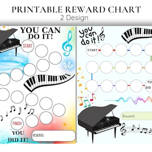 May include: Two printable reward charts featuring a piano and musical notes. The first chart says "You Can Do It!" and the second chart says "You Can Do It!" Both charts have a space for a reward and a space to write "You Did It!"