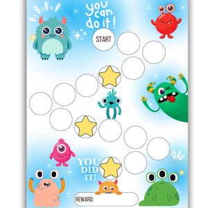 Tabla de recompensas de monstruos para niños - Tabla de comportamiento imprimible - Bonita tabla de pegatinas con temática de monstruos - Registro de tareas para ir al baño - Carta A4