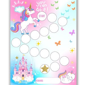 May include: A pink and blue printable chart with a unicorn, a castle, and a cat. The chart has a path of circles with the text "You can do it!" and "Start" at the top. The chart is designed for a child to track their progress.