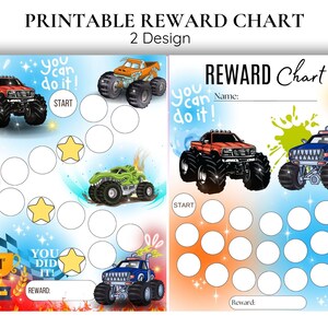 Tableau des récompenses Monster Truck imprimable - tableau de comportement pour les enfants - tableau des tâches ménagères pour les garçons - tableau des autocollants - sommeil - tableau de lecture - apprentissage de la propreté