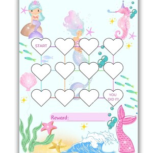 Quadro de Recompensas de Sereia para Crianças - Quadro de Tarefas para Imprimir para Meninas | Treinamento para usar o penico, Rastreador de Leitura, Rotina para a Hora de Dormir, Quadro de Adesivos de Coração