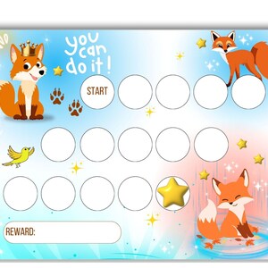 Tableau de récompenses Fox imprimable pour enfants – Tableau de comportement des tout-petits | Tableau d'autocollants apprentissage de la propreté, corvée ménagère, lecture, brossage des dents | Suivi des habitudes