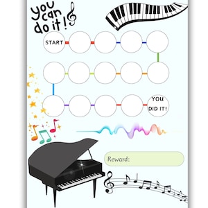 Könnte beinhalten: Ein druckbares Diagramm mit einer Klaviertastatur oben und einem bunten Pfad mit Kreisen zum Ausmalen. Das Diagramm lautet "You can do it!" oben und "You did it!" unten. Das Diagramm soll Kindern helfen, Klavier spielen zu lernen.