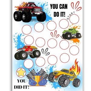 Puede incluir: Un colorido cuadro de recompensas con ilustraciones de monster trucks. El cuadro incluye el texto "YOU CAN DO IT!" y "YOU DID IT!" y círculos para el seguimiento del progreso. Los camiones son rojos, verdes y amarillos con llamas y un trofeo.
