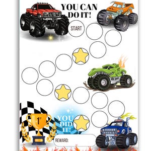 Tableau des récompenses Monster Truck - apprentissage de la propreté - tableau de comportement des garçons - tableau des tâches ménagères pour enfants - tableau du sommeil - tableau d'autocollants de camion - tableau de lecture