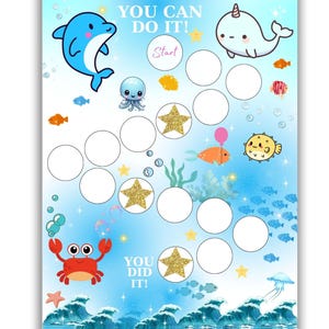 Quadro de recompensas para crianças - Quadro de recompensas de golfinhos fofos - Quadro de comportamento subaquático - Treinamento para usar o penico - Quadro de adesivos - Quadro de sono