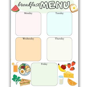 Planificador de menú de desayuno escolar - Planificador de menú semanal para niños - Planificador de comidas para niños - Menú de desayuno para niños - Descarga instantánea - Tamaño carta y A4