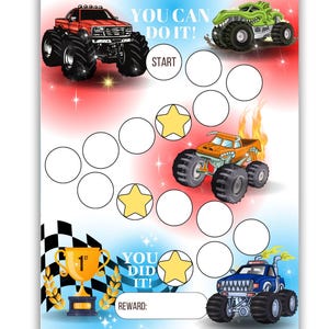 Tableau des récompenses Monster Truck - Tableau de l'apprentissage de la propreté - Tableau du comportement des garçons - Tableau des tâches ménagères pour les enfants - Tableau du sommeil - Tableau des autocollants Monster Truck
