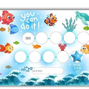 Tableau de récompense poisson mignon - tableau d'autocollants d'animaux marins - tableau de comportement sous la mer - tableau de l'apprentissage de la propreté - tableau de la salle de classe - tableau de couchage