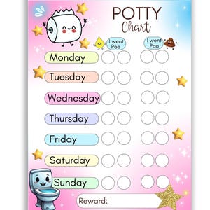 May include: A potty training chart with a pink and blue gradient background. The chart features a cartoon toilet, a roll of toilet paper, and stars. Days of the week are listed with spaces to mark progress. The text "POTTY Chart" is at the top.