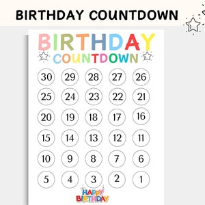 Cuenta regresiva de cumpleaños imprimible - Cuenta regresiva de cumpleaños imprimible - Cuenta regresiva de 30 días - Regalos de cumpleaños - Regalos para niños - Tamaño carta y A4
