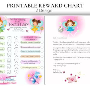 Tabla de recompensas del Hada de los Dientes + Carta / Tabla imprimible de cepillado de dientes para niñas / Tabla divertida de rutina dental / Impulso de motivación infantil - Carta A4