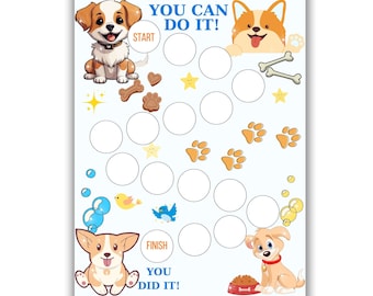 Puede incluir: Un tablero de juego imprimible con un fondo azul, huellas de patas, estrellas y burbujas. El tablero tiene un camino de círculos a seguir, comenzando por "START" y terminando con "FINISH". El tablero de juego también incluye el texto "YOU CAN DO IT!" y "YOU DID IT!" y presenta imágenes de dibujos animados de perros.