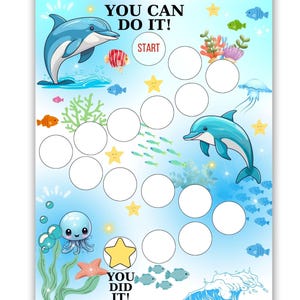 Może przedstawiać: Kolorowa gra planszowa o tematyce morskiej z delfinami, rybami i ośmiornicą. Wyświetlany jest tekst "YOU CAN DO IT!" i "YOU DID IT!". Plansza do gry ma okrągłe pola.