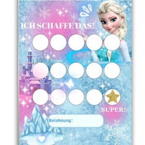 Puede incluir: Un gráfico imprimible azul y rosa con una imagen de Elsa de Frozen. El gráfico tiene 12 círculos en blanco y el texto "ICH SCHAFFE DAS!" y "SUPER!" El gráfico está diseñado para que un niño pueda hacer un seguimiento de su progreso hacia una meta.