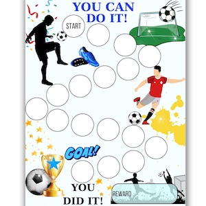 Cuadro de recompensas de fútbol - Cuadro de comportamiento de niños - Cuadro de tareas para niños - Cuadro de sueño - Cuadro de entrenamiento para ir al baño - Cuadro de calcomanías - Jugador de fútbol - Carta y A4