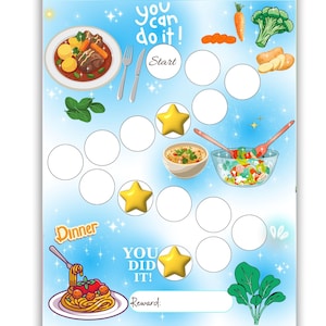 May include: A colorful, illustrated reward chart with a blue background and the text "You can do it!". The chart features images of food, stars, and the words "Dinner" and "You did it!" to encourage healthy eating habits.