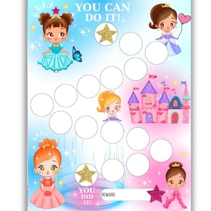 Cuadro de recompensas de princesas para niños - Cuadro de entrenamiento para ir al baño - Plantilla de aprendizaje - Cuadro de tareas para niñas - Cuadro de calcomanías - Cuadro de sueño - Carta y A4