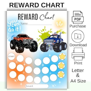 Tabla de recompensas de Monster Truck para niños - Tabla de calcomanías imprimibles - Registro de comportamiento y tareas para niños pequeños - Tabla de sueño para niños - Tamaño carta A4