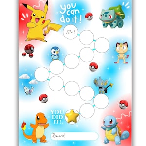 May include: A printable Pokemon-themed game board with a blue and red background. The board features a path with circles to mark progress, and includes images of popular Pokemon characters like Pikachu, Bulbasaur, Squirtle, and Charmander. The game board also includes the text "You can do it!" and "You did it!"