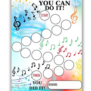Op de afbeelding: Een kleurrijk beloningsschema met een muzikaal thema met de tekst "YOU CAN DO IT!". Het schema bevat muzieknoten, G-sleutels en cirkels om de voortgang bij te houden. De onderkant leest "YOU DID IT!" en "REWARD:"