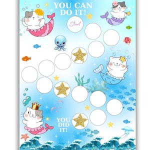 Quadro de recompensas com tema de gato para meninas – Quadro de treinamento para usar o penico para crianças pequenas, quadro de comportamento e tarefas – Quadro de adesivos de gatinho fofo – Quadro de leitura infantil