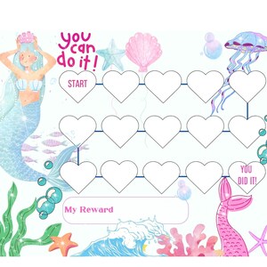 Quadro de recompensas de sereia para impressão - Treinamento de penico para meninas - Quadro de sono - Oceano - Quadro de comportamento subaquático - Quadro de sala de aula - Carta e A4