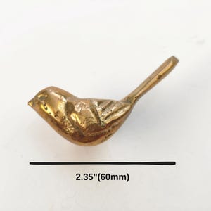 K&ouml;nnte beinhalten: Eine kleine Vogel-Figur aus poliertem Messing mit einem glatten, abgerundeten K&ouml;rper und einem langen, spitzen Schwanz. Der Vogel ist nach links ausgerichtet und zeigt einen feinen Schnabel sowie Fl&uuml;geldetails. Eine schwarze Linie zeigt 60 mm.