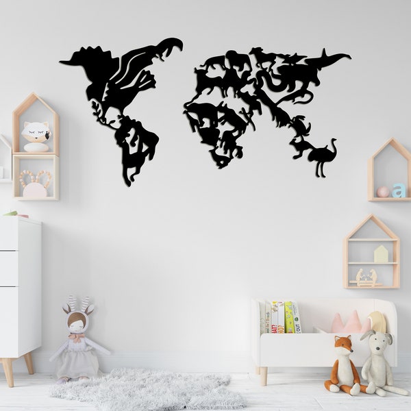 Animal World Map, World Laser cut svg dxf file wall sticker pdf silhouette template cnc cutting router digital vector instant download