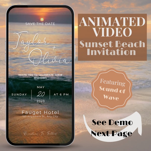 Animated Video Sunset Beach Wedding Invitation, Digital Template, Sunset Waves Video Invite, Destination Invitation, Beach Wedding, Editable