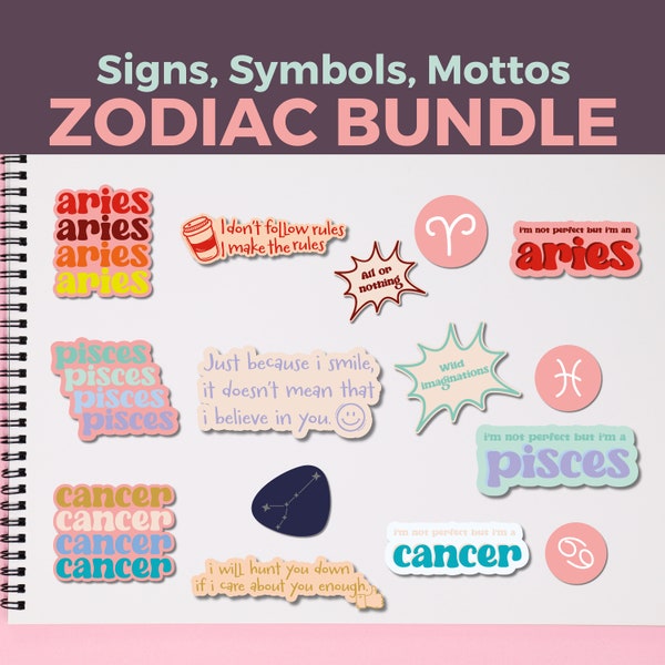 Retro Funny Zodiac Sign Stickers, Funny Motto Stickers, Astrology Horoscope Signs, Zodiac Stickers for Laptop, Water Bottle & Planner