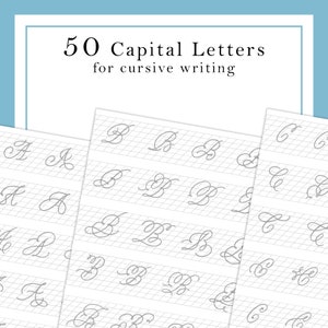 May include: A printable worksheet with 50 capital letters for cursive writing practice. The worksheet is divided into three sections, each with a different letter. The letters are written in a cursive font on a grid background.