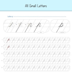 May include: A printable worksheet for practicing writing the lowercase letter 'p' in cursive. The worksheet includes a guide for writing the letter in both classic and alternative styles, followed by five lines of practice spaces.