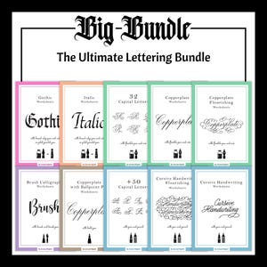 Può includere: Un pacchetto di download digitale di 10 fogli di lavoro di calligrafia per esercitarsi nella calligrafia e nella scrittura a mano. I fogli di lavoro includono gli stili gotico, corsivo, rame, calligrafia a pennello e corsivo. Ogni foglio di lavoro presenta uno stile di calligrafia diverso e include istruzioni per la pratica.