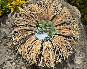 Sunburst Raffia Round Mirror I Handcrafted Coastal Mirror I Beach House Decor I Decorative Mirror I Boho and Coastal Style
