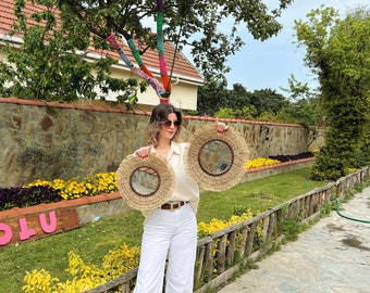 Mirror Set of 3 Jute Mirrors, Wooden Beads Mirror, 10&quot;/12&quot;/14&quot; , Natural Jute Rope Handmade Mirror Set, Round Boho Mirror, Bohemian Wall Set
