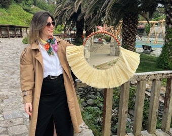 Espelho em formato de raio de sol com ráfia, decoração de parede boho costeira