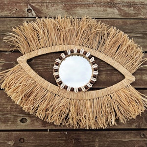 Seashell Round Mirror I Handmade Raffia Decoration I Evil Eye Wall Decor I Fringed Raffia Mirror I Beach House Gift,Home decoration