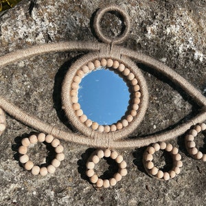 Eye Shaped Mirror I Protection Wall Decor I Evil Eye Wall Hanging Mirror I Bohemian Wall Mirror I Natural Jute and Wooden Round Mirror