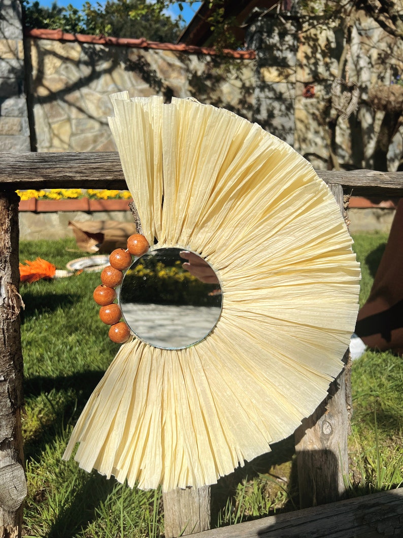 Raffia Decorative Mirror I Irregular Sunburst Mirror I Fan Shape Handmade Mirror I Round Raffia Mirror I Circle Mirror I DecorativeMirror image 3